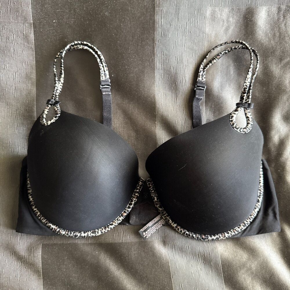VICTORIA'S SECRET Sexy Little Things Black Leopard Trim Push Up Bra Size 38DD